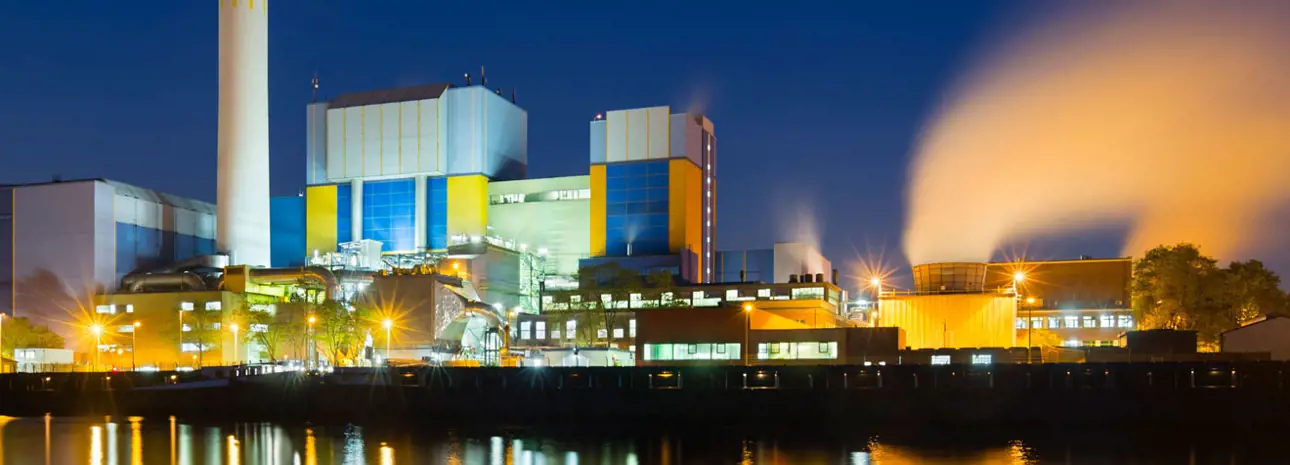 A view of a waste-to-energy plant in the evening light