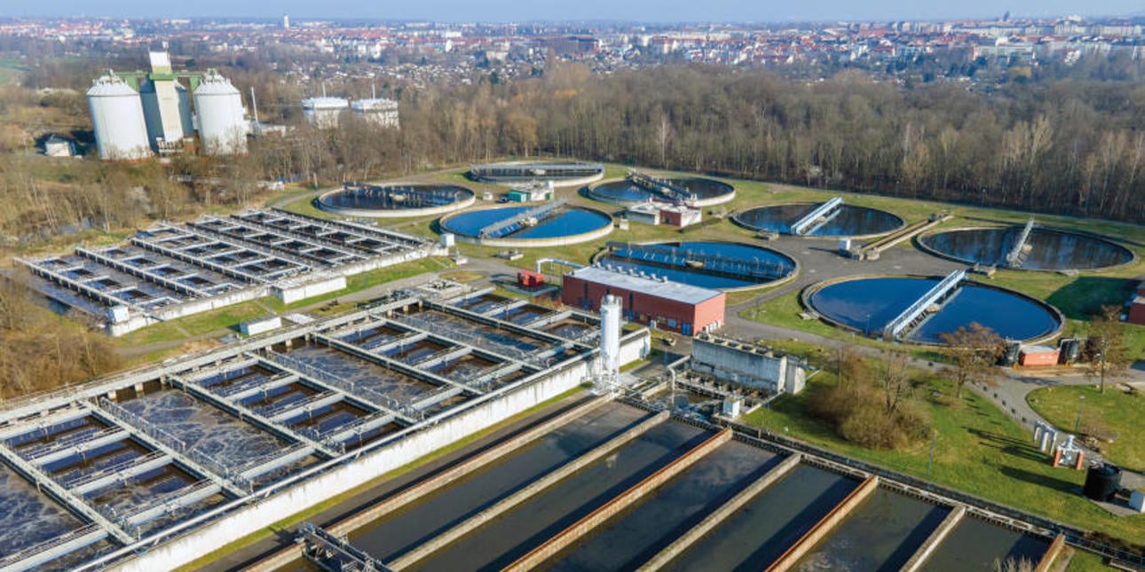 Bird view of Rosental Wastewater Treatment Plant in Leipzig, Germany.